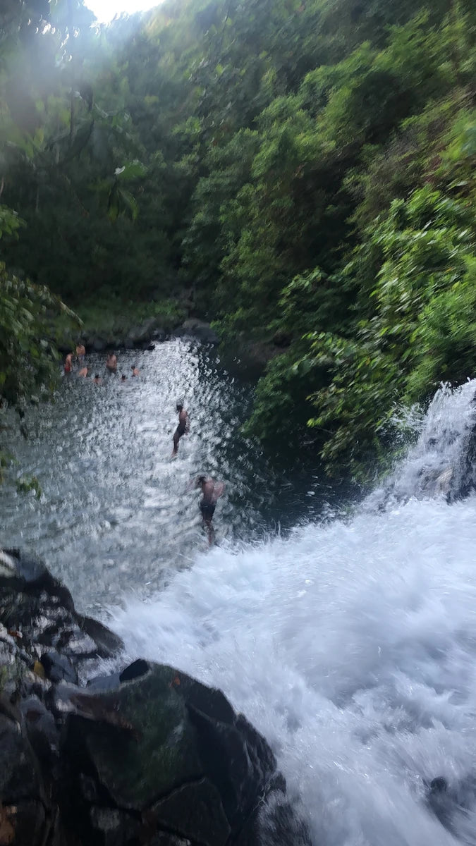 A high angle shot overlooking the drop of the Aling Aling waterfall with two people swimming in swimming hole below.