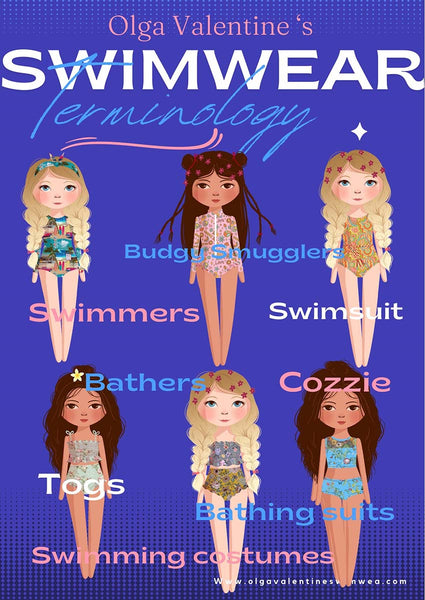 A collage titled “Olga Valentine’s Swimwear Terminology” displaying several different cartoon females wearing swimwear. Text of various swimwear terms is foregrounded including Budgie Smugglers, Swimmers, Swimsuit, Bathers, Cozzie, Togs, Bathing Suits and Swimming Costumes