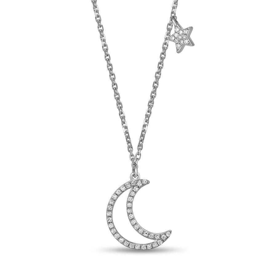 White Gold Diamond Moon and Star Drop Pendant