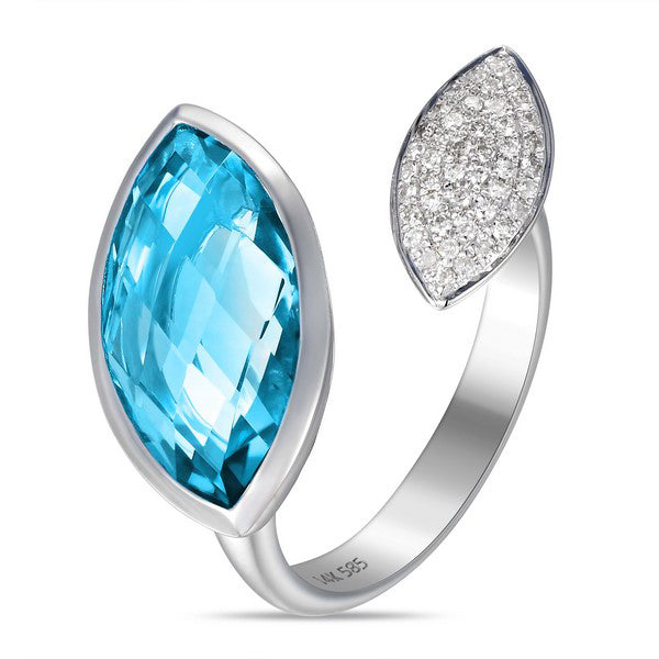 White Gold Diamond and Blue Topaz Bypass Ring