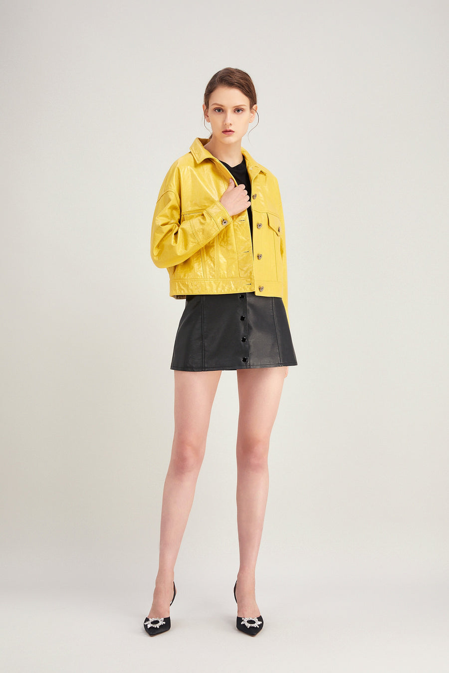 Chloey leather jacket in yellow – Anna Xi