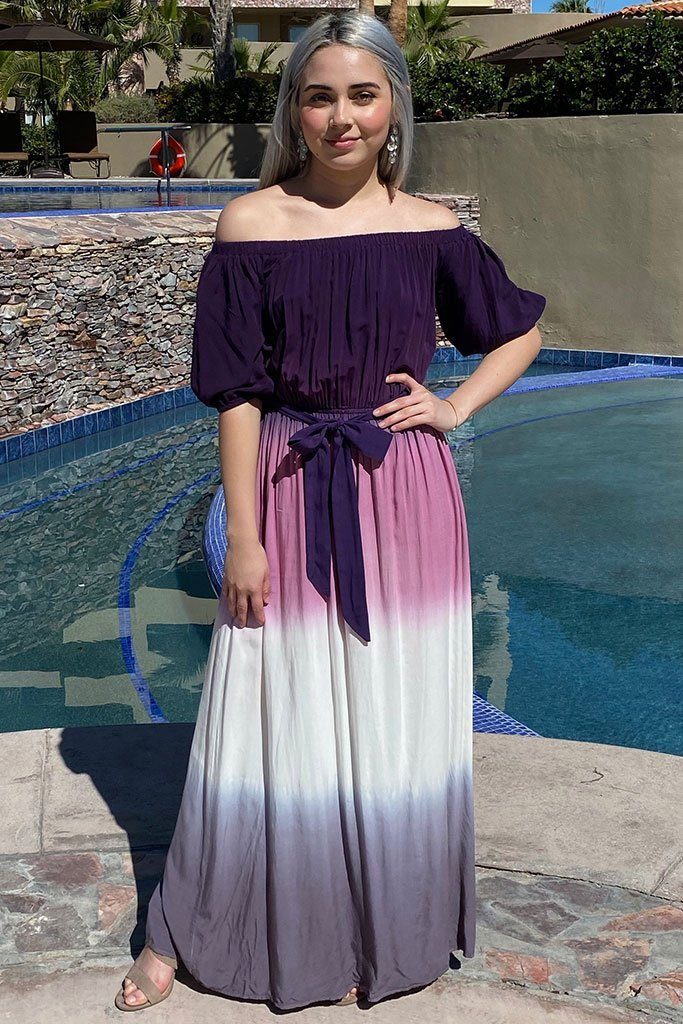 purple off the shoulder maxi dress