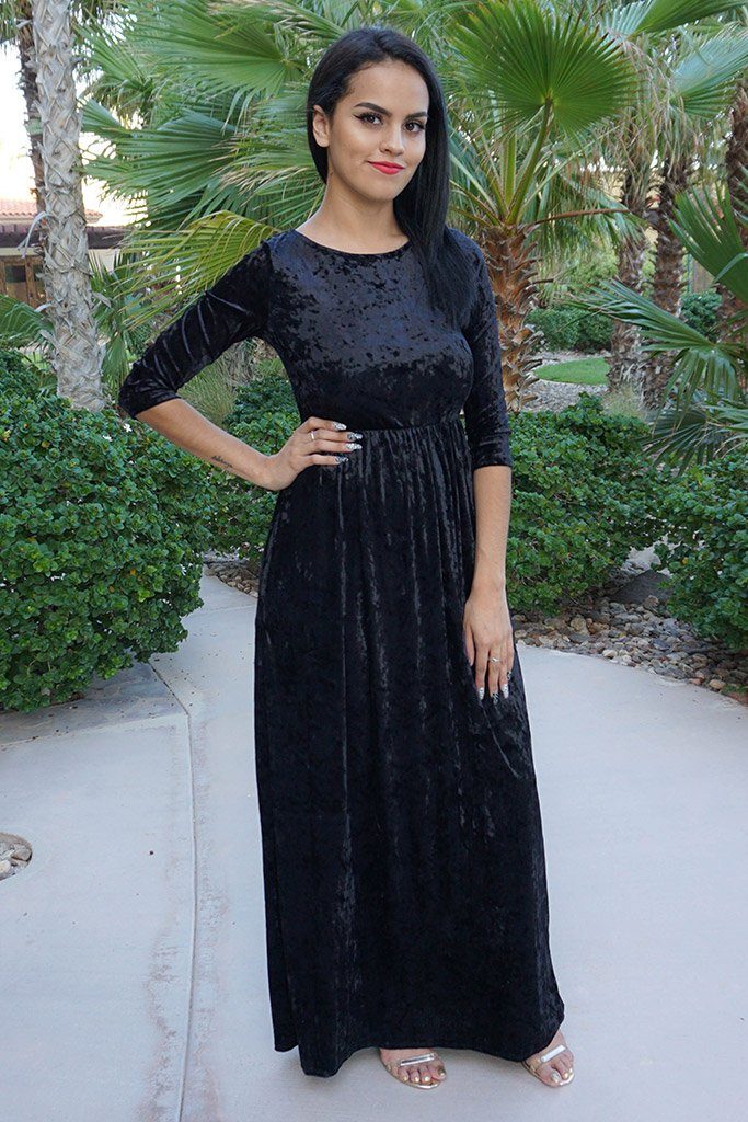 long black velvet dress with sleeves