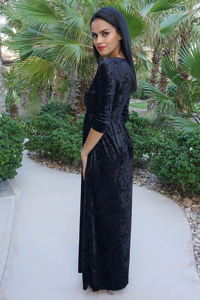 long sleeve green velvet maxi dress