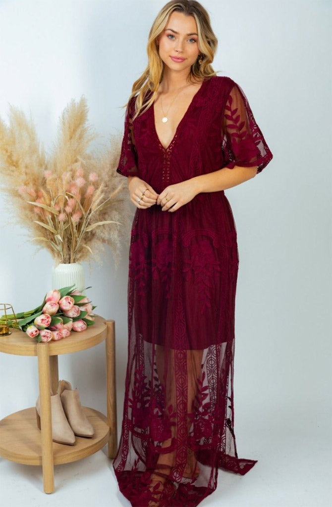 burgundy lace maxi dress with sleeves