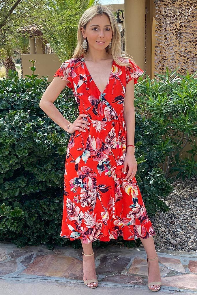 red floral print wrap dress