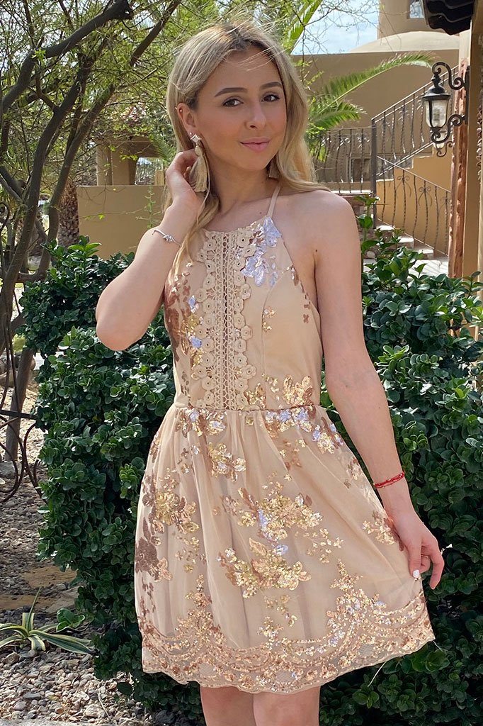 gold sequin halter dress