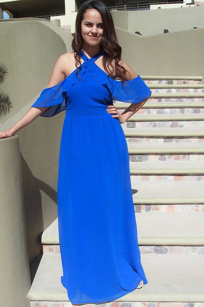 blue off shoulder maxi dress