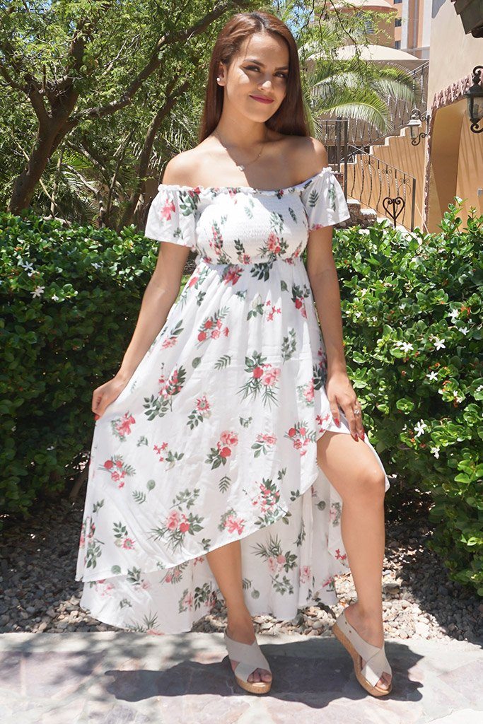 white floral off the shoulder maxi dress