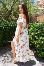 white floral off the shoulder maxi dress