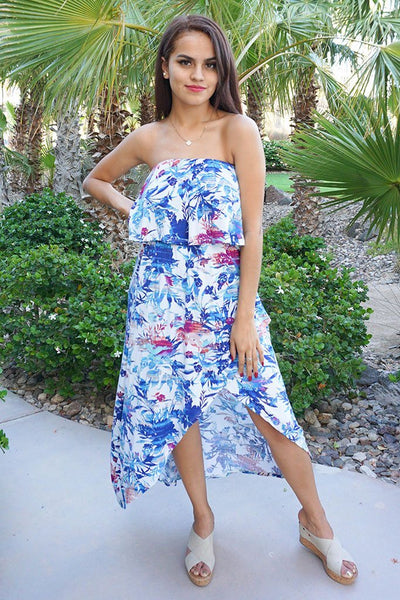 Tropical Print Dress - Strapless High Low Dress - Boutique Maxi Dress ...