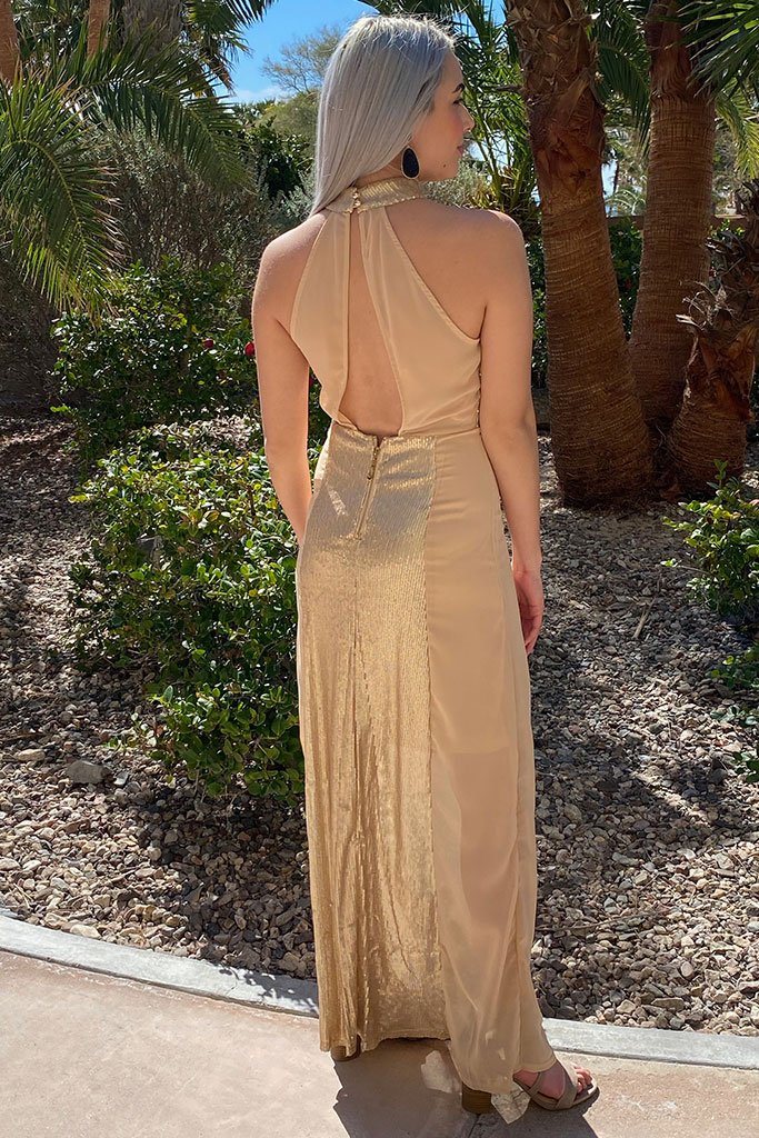 gold sequin halter dress