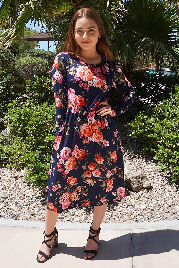 navy blue floral midi dress