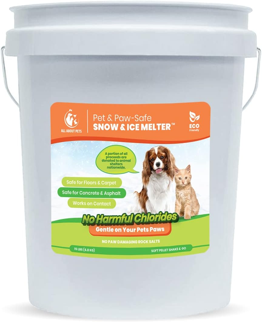 All About Pets Snow and Ice Melt, white colored bucket with a green and orange label