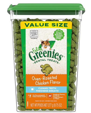 FELINE GREENIES Adult Dental Cat Treats, Oven Roasted Chicken Flavor, 9.75 oz. Tub 