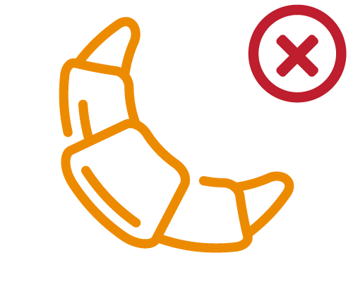 line art icon of a croissant and a circle and an x next to it