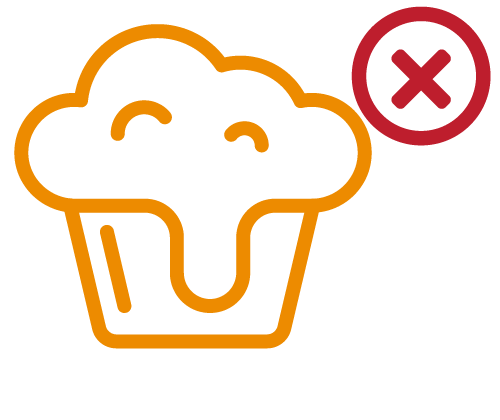 line art icon of a cupcake and a circle and an x next to it