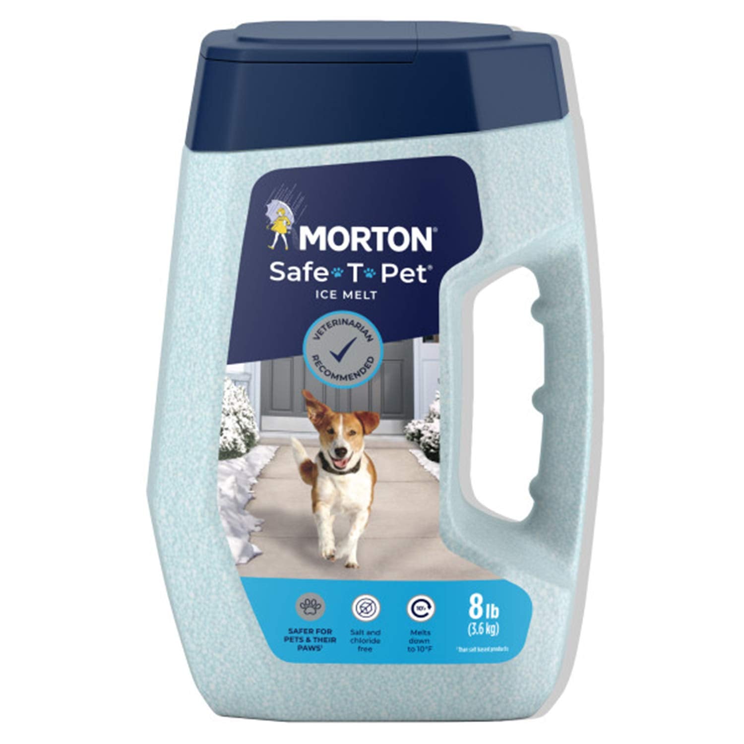 Morton Snow and Ice Melt, light blue colored ice melt granules in a clear plastic jug