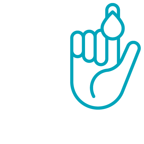 line art icon of a hand holding a finger up which shows a drop of blood