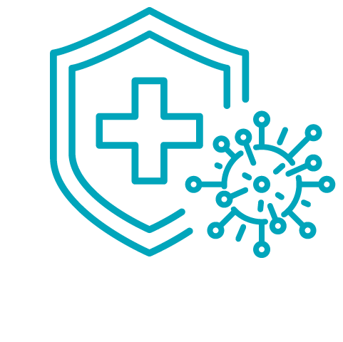 line art icon of a shield with a microbe next to it