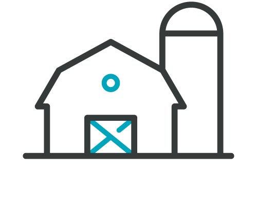 line art icon of a barn with blue highlights