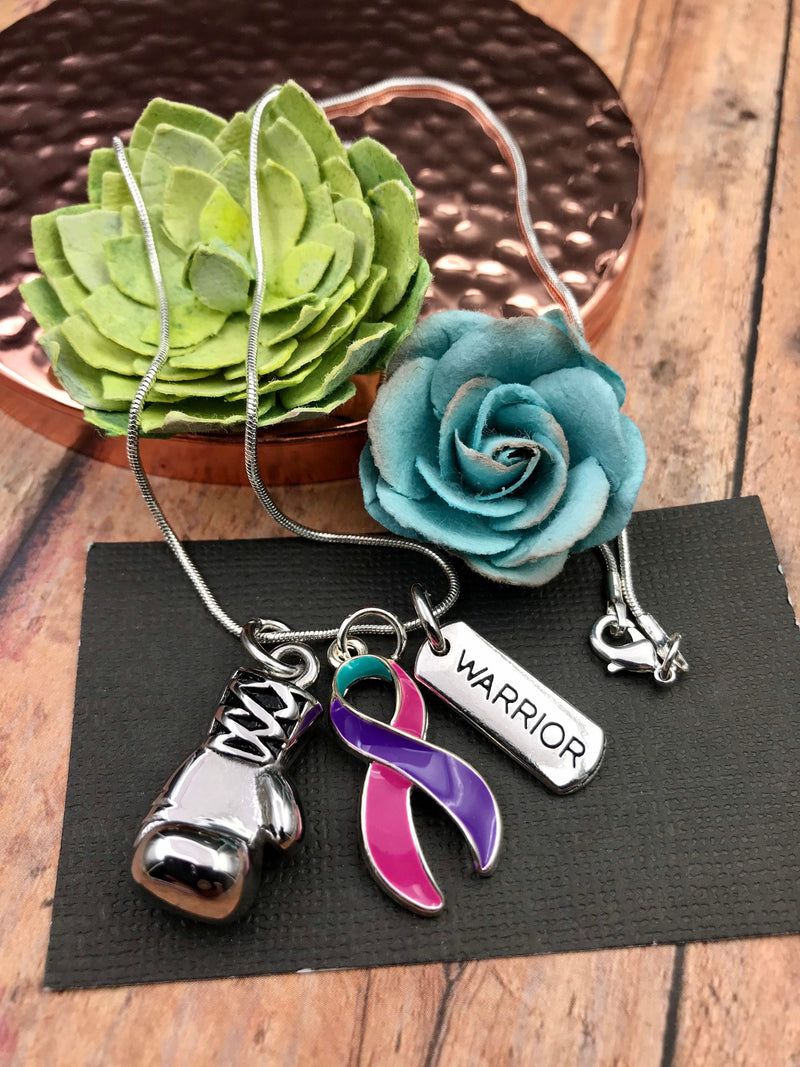 Pink Purple Teal (Thyroid) Ribbon Necklace - Boxing Glove / Warrior Pendant - Rock Your Cause Jewelry