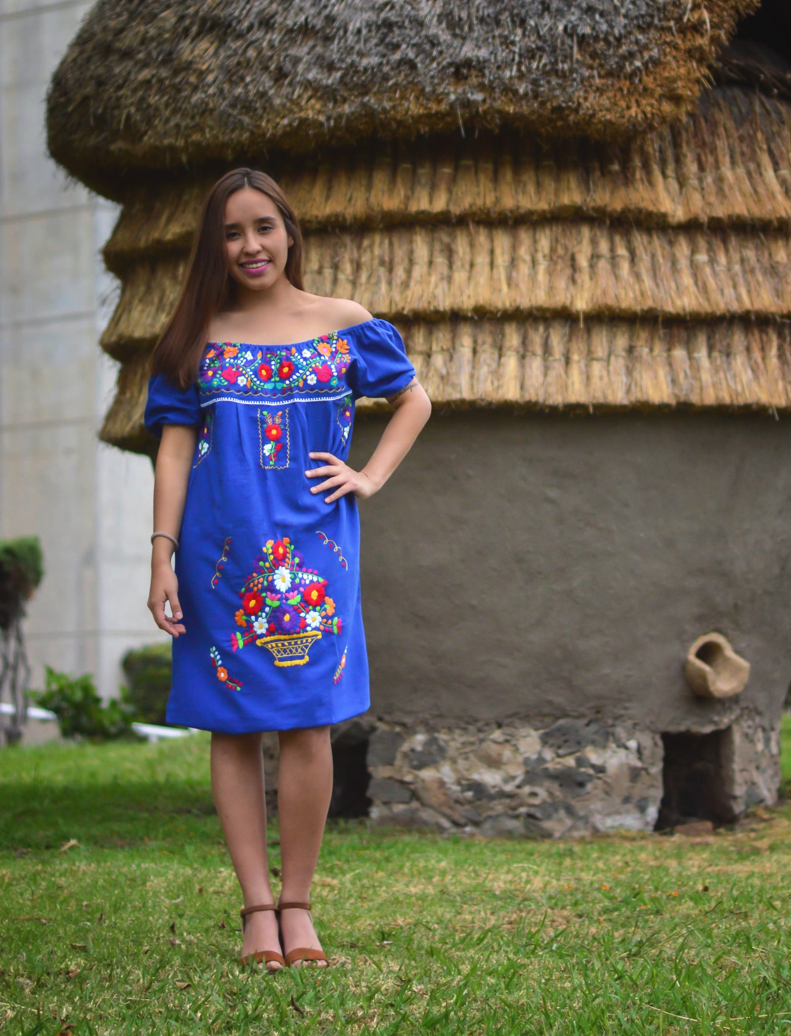 Mexican off the shoulder mini dress - Royal blue hand embroidered mant ...