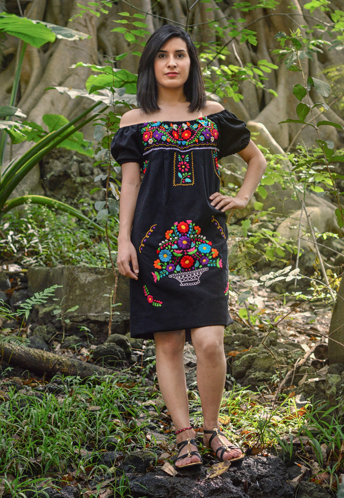 Mexican off the shoulder mini dress - Black hand embroidered manta – A ...