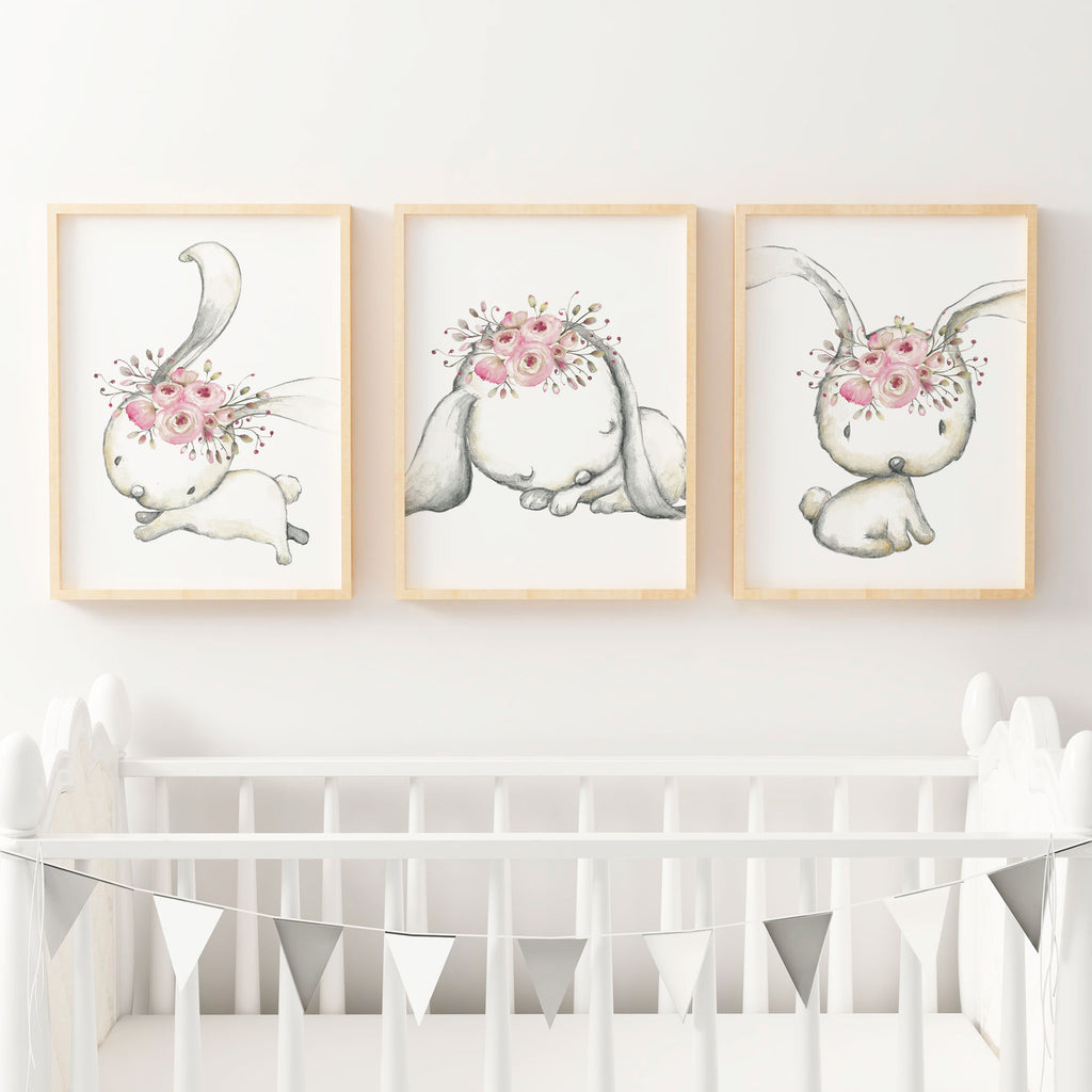 Woodland Boho Floral Bunny Nursery  Wall  Art Print Set 