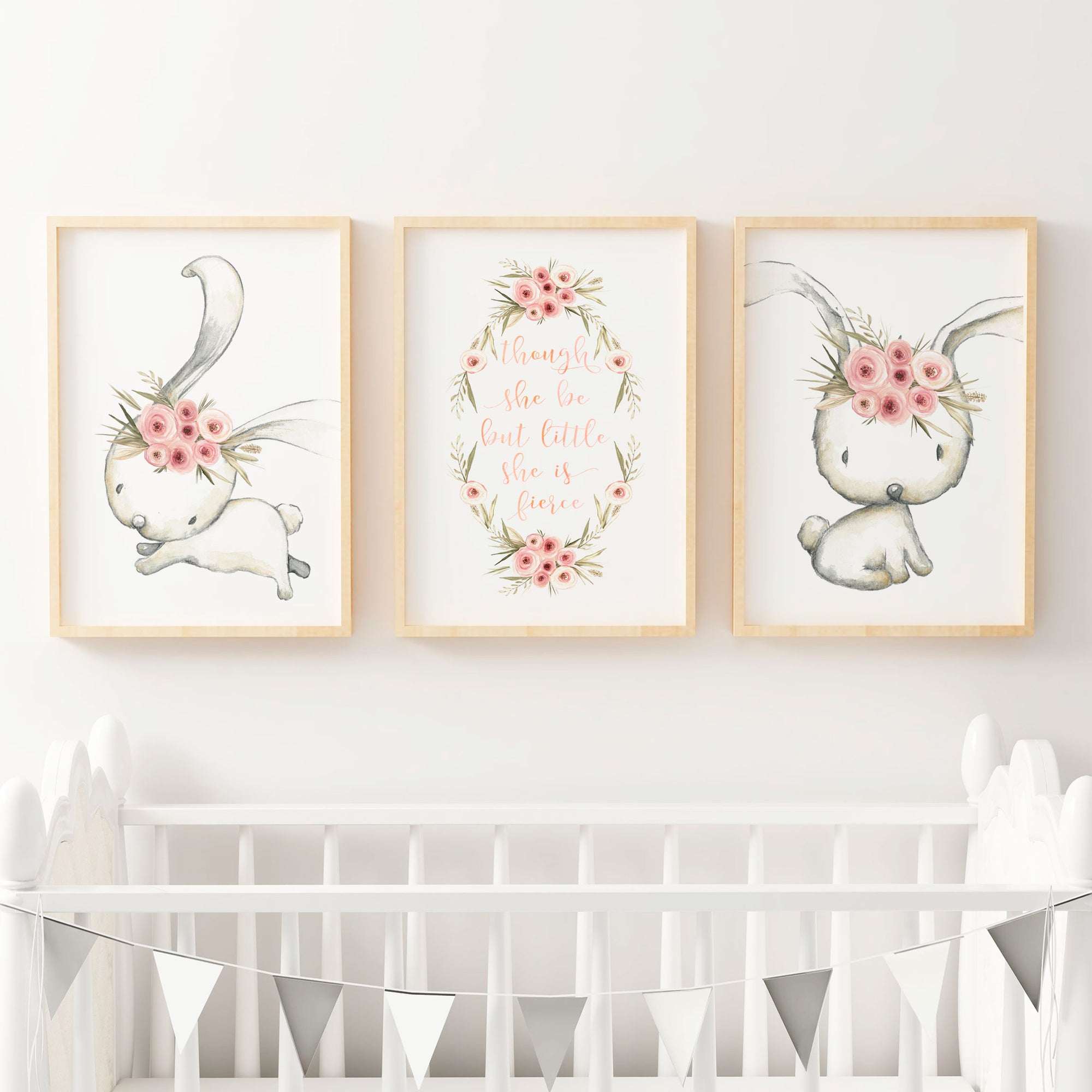 Woodland Boho Floral Bunny Nursery Wall  Art  Print Set 