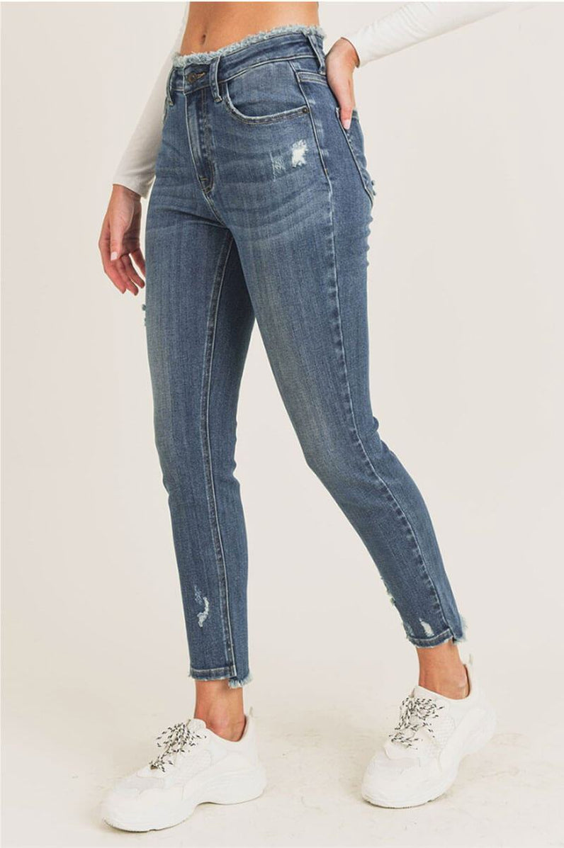 Mid Rise Skinny Frayed Waist Jeans — MILK MONEY