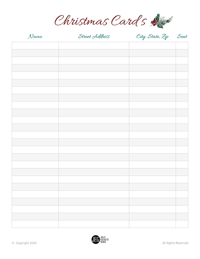 Christmas Card List (Printable) Elizabeth