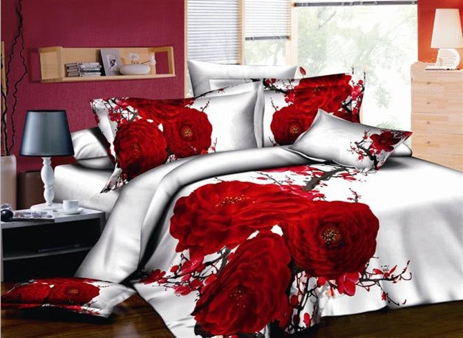3d Red Blossoms Printed Cotton Luxury 4 Piece White Bedding Sets