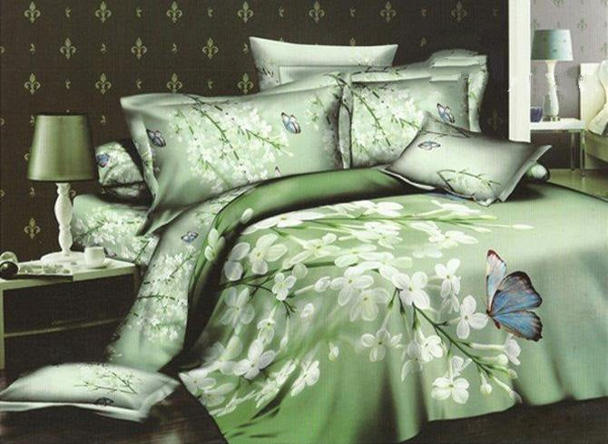 3d White Blooms And Butterfly Green Cotton Luxury 4 Piece Bedding