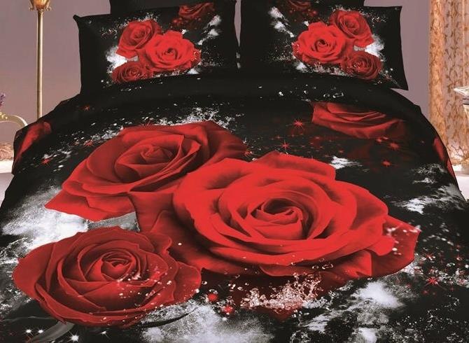 3d Red Roses Printed Cotton Luxury 4 Piece Black Bedding Sets