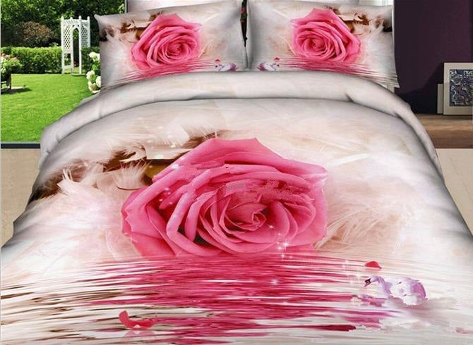 3d Pink Rose By The River Printed Luxury 4 Piece Bedding Sets
