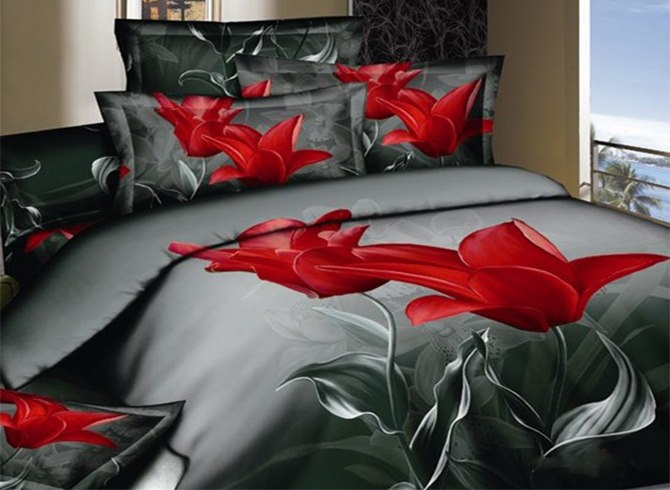 3d Red Tulip Printed Cotton Luxury 4 Piece Bedding Sets Duvet