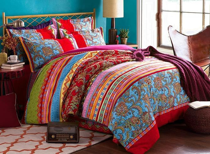 Colorful Stripes and Jacobean Print Boho Style Cotton Luxury 4-Piece B ...