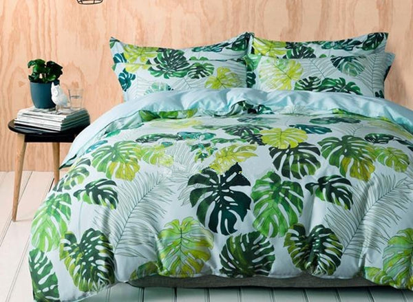 Designer Brocade Fresh Tropical Green Leaves Print Egyptian Cotton 4-P ...
