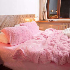 Full Size Solid Pink Princess Style Luxury 4 Piece Fluffy Bedding