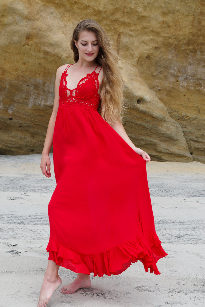 bright red maxi dress