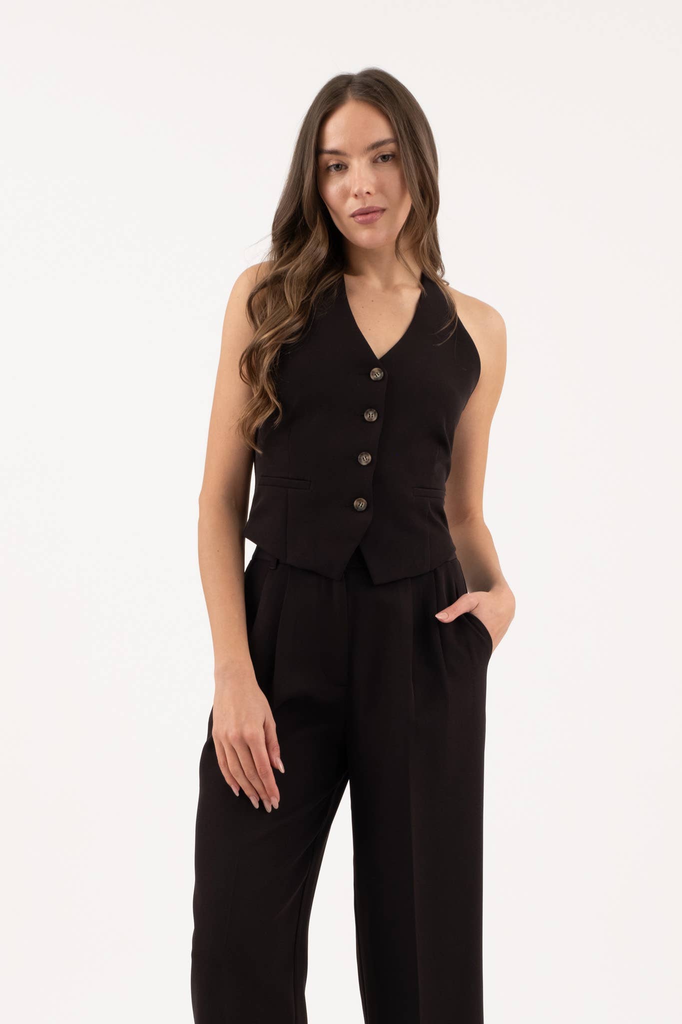 HALTER V NECK BUTTON DOWN OPEN BACK VEST: BLACK