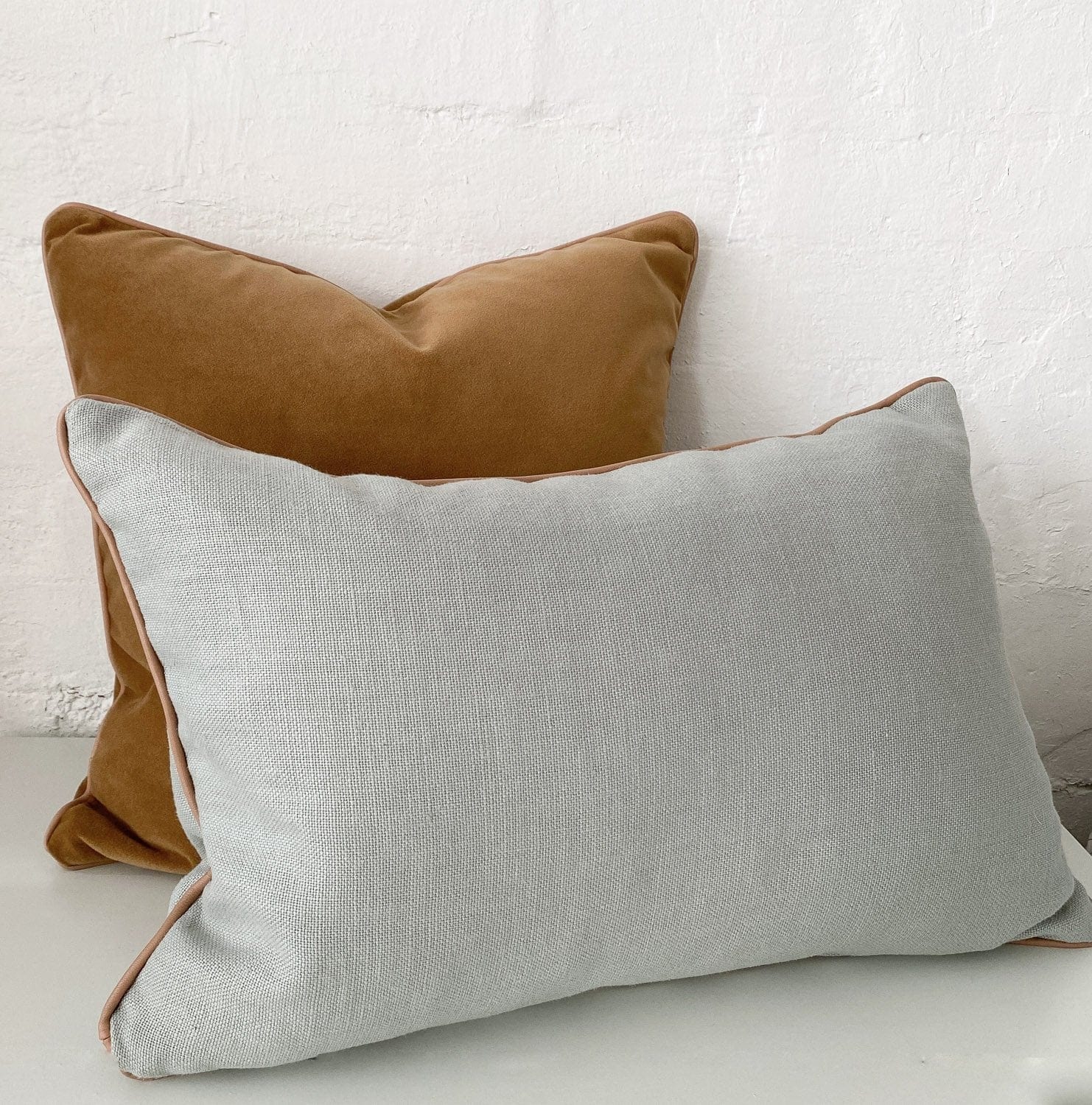 norsuHOME Cushion, Caramel Velvet with Blush Leather Piping – Norsu ...