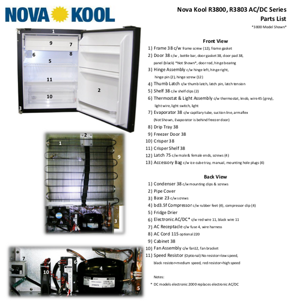 Nova Kool R3800 RV Refrigerator Parts List