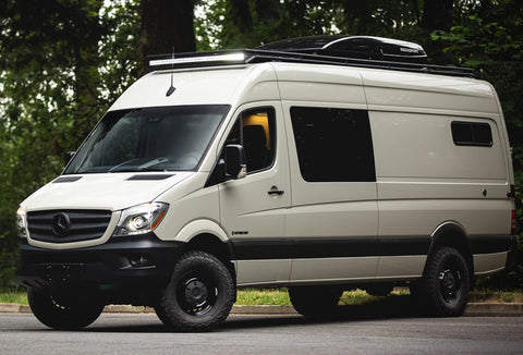 Sprinter camper van with Packasport roof cargo box