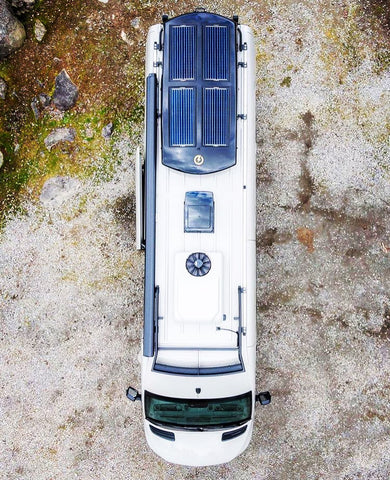 Overhead view of PackaSport rooftop cargo carrier on Mercedes Sprinter 3500 camper van