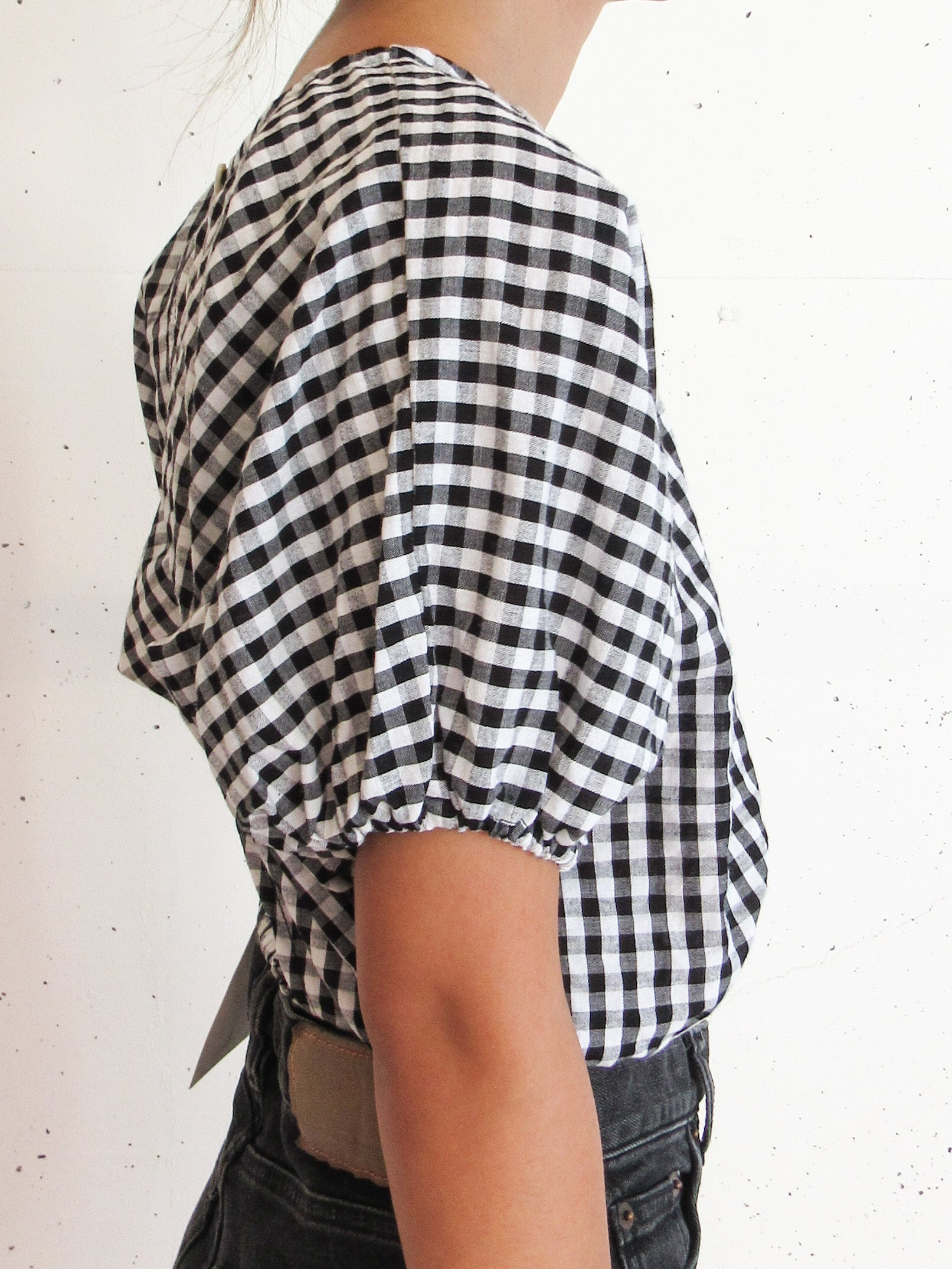 Back Open Puff Sleeve Top -Black Gingham