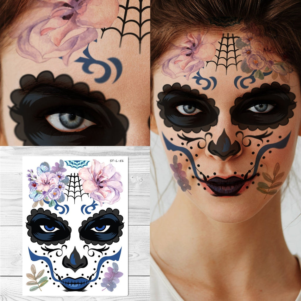 2Pcs facial makeup sticker special waterproof face tattoo day of the dead skull  face dress up halloween temporary tattoo sticker  Fruugo IN