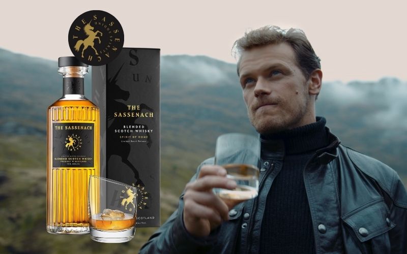 Side-by-side of Heughan and a bottle of The Sassenach Scotch Whisky