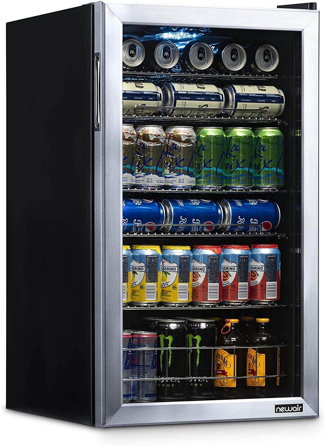 NewAir Beverage Cooler with several bottled and canned drinks